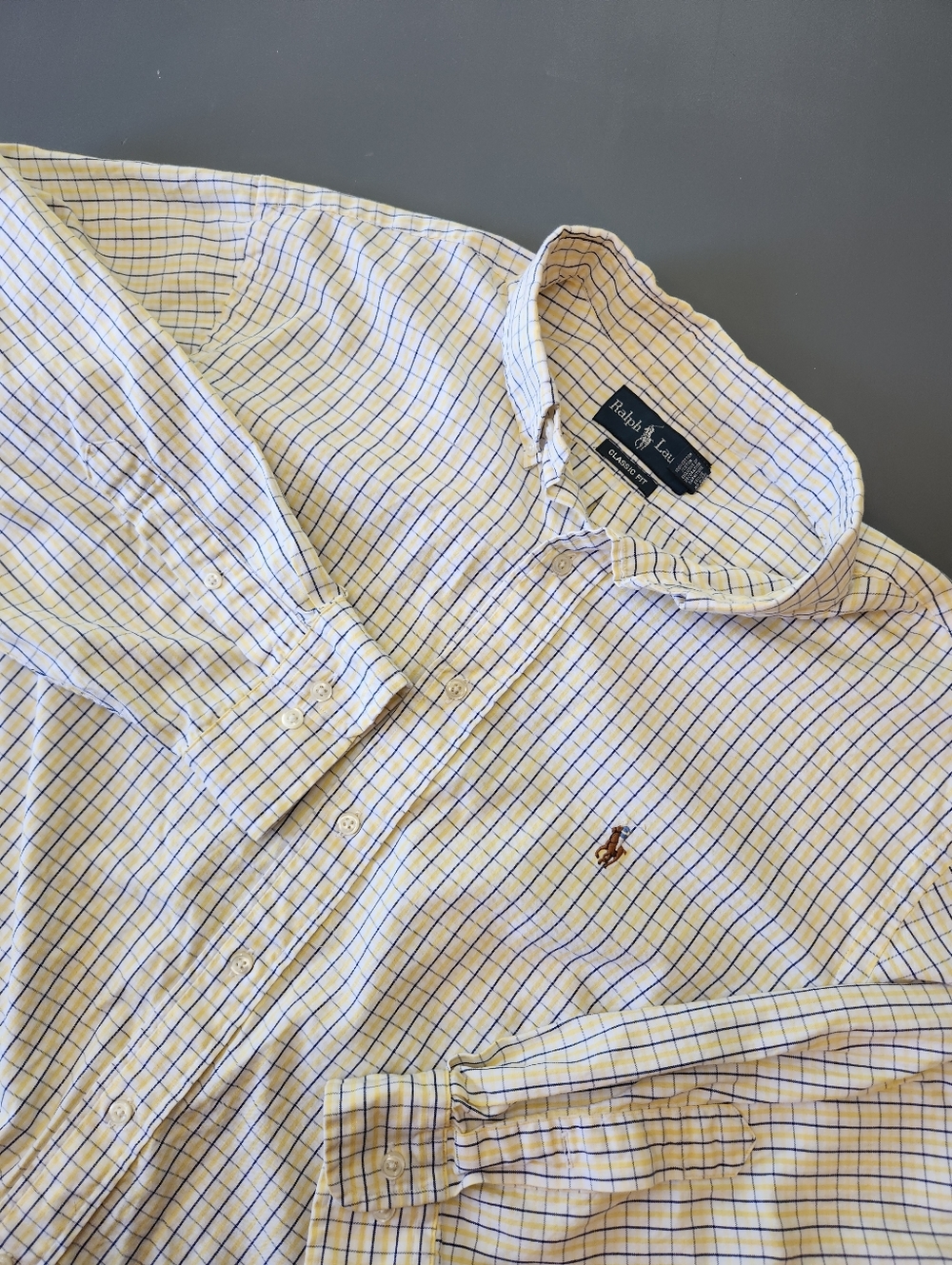 Ralph Lauren Men Blue/Yellow Check Plaid Flesh Pony Button Down Shirt Lrg 17.5